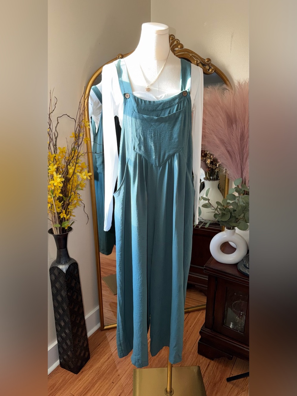 Teal Wide-Leg Jumpsuit with Buttoned Straps NWT